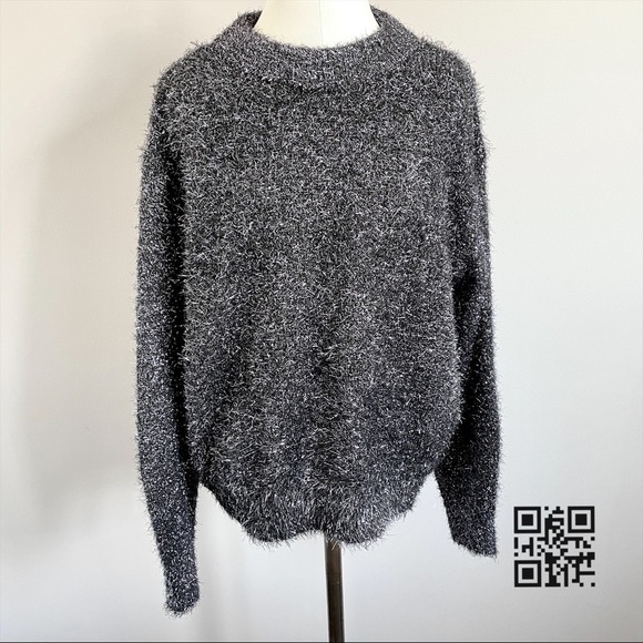H&M Fuzzy Eyelash Textured Metallic Tinsel Oversized Crew Neck Sweater - S/M - Picture 3 of 10